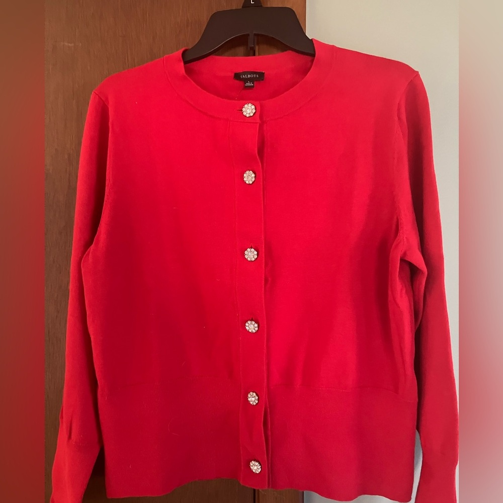 Talbots Bright Red Cardigan Sweater Size Large Sparkly Crystal Buttons NWT